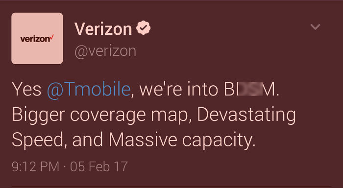 Verizon tweet showing a social media fail example from telecom companies with a controversial message to T-Mobile.