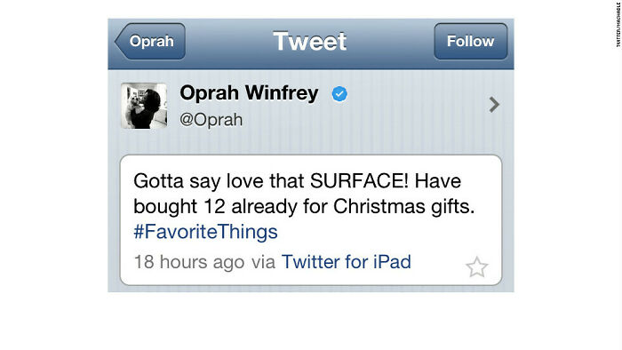 Screenshot of a tweet from Oprah praising Microsoft Surface, an example of companies that failed miserably on social media.