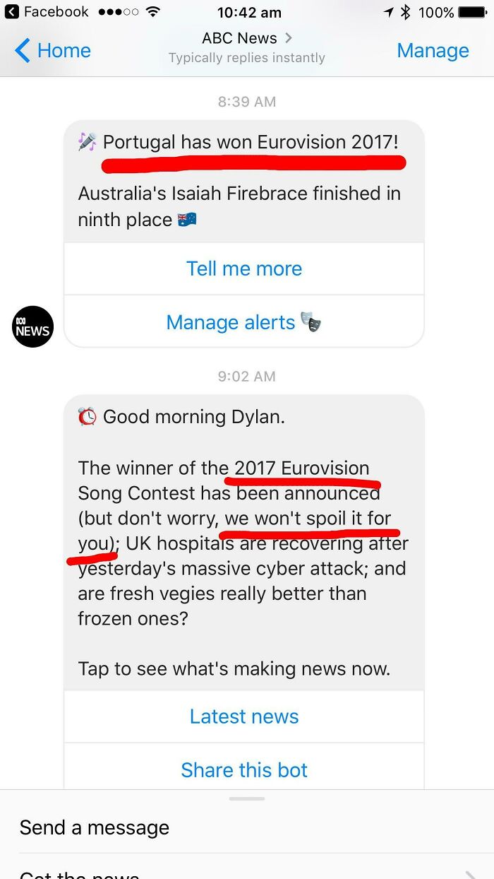 Screenshot of a social media message showing a failed news spoiler attempt about the 2017 Eurovision winner.