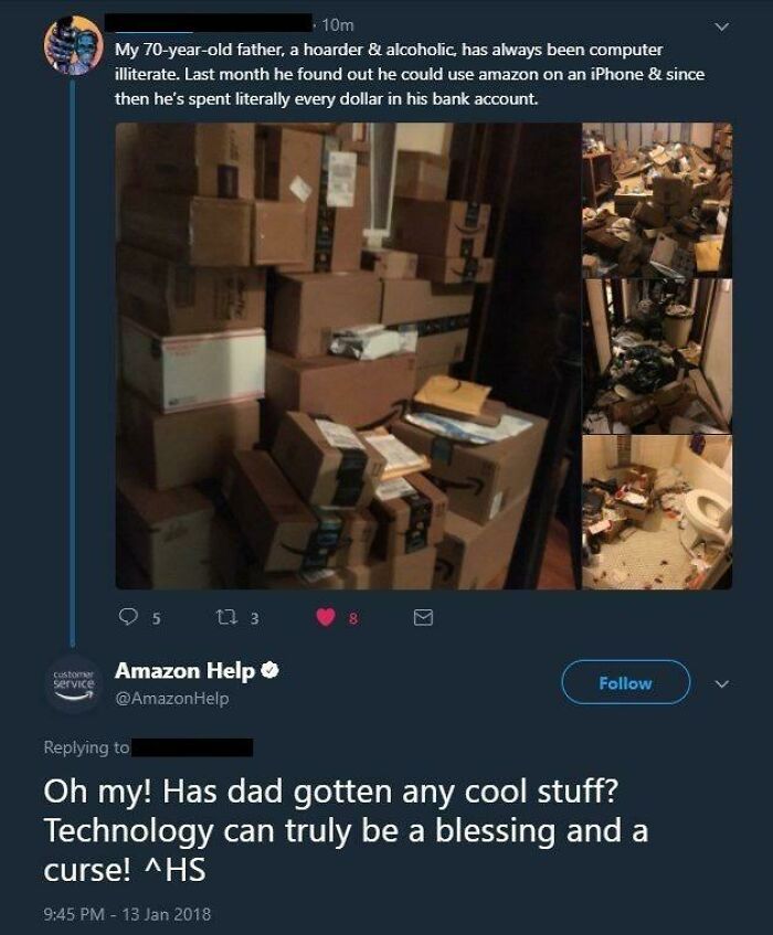 Tweet showing a father who spent all his money on Amazon orders with customer service reply, example of social media failure.