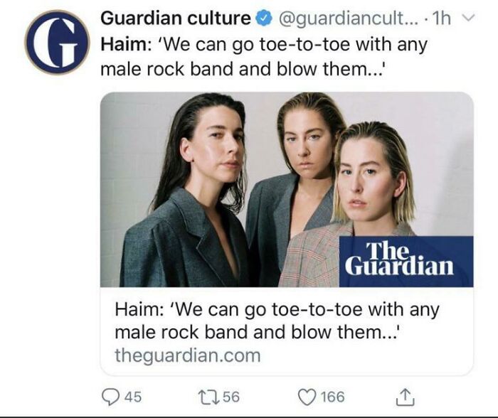 Tweet from Guardian culture showing a quote by Haim, featuring three women in blazers, highlighting social media company failures.