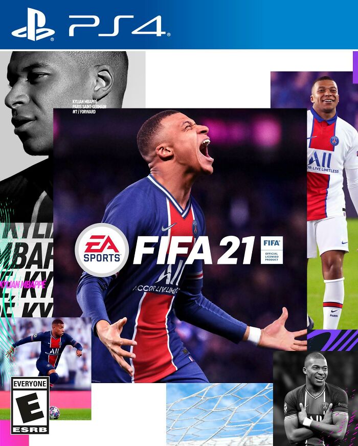 FIFA 21 PS4 game cover featuring soccer player Kylian Mbappe in Paris Saint-Germain jersey for social media fail analysis.