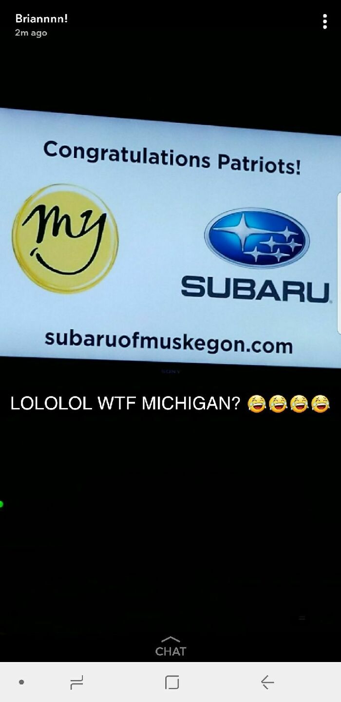 Social media fail by Subaru showing incorrect support with a confusing congratulations message to Patriots fans.