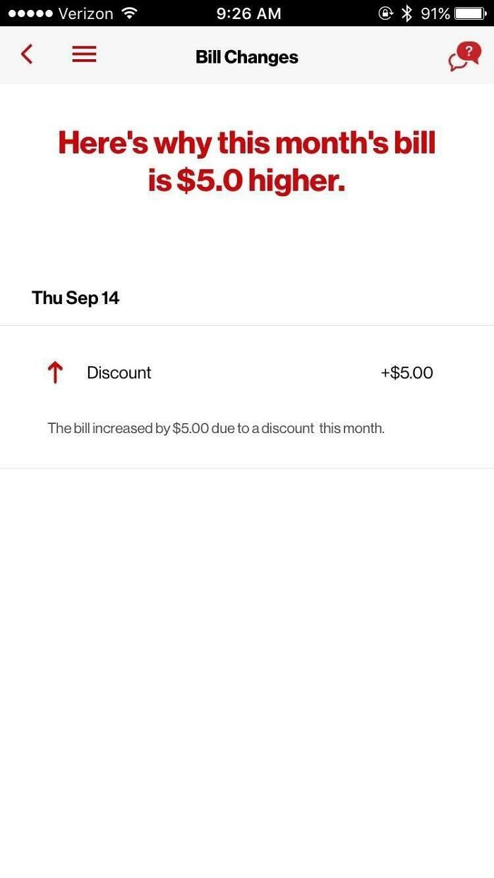 Screenshot of a social media fail showing a confusing bill increase explanation with a $5 discount listed as higher cost.