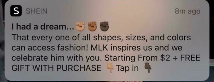 Shein social media post misusing Martin Luther King Jr. message, illustrating a major company failure on social media marketing.