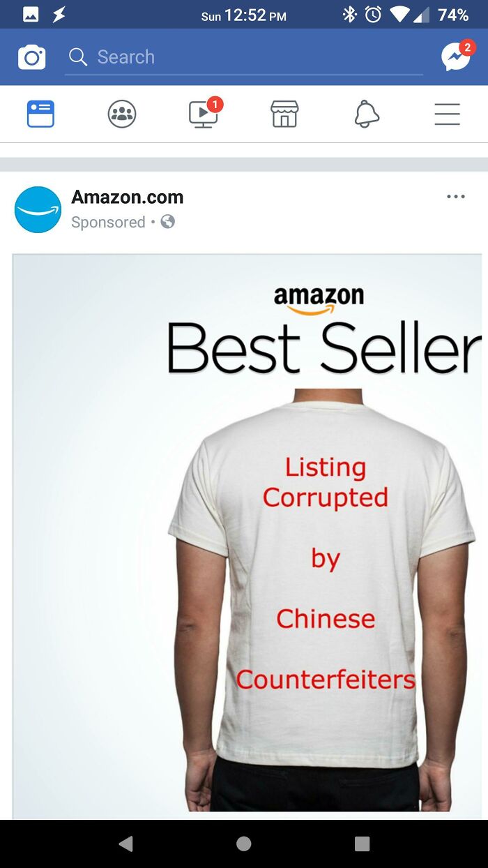 Amazon social media post showing a man wearing a white shirt with a controversial printed message.