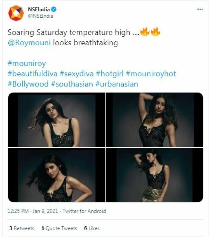 Tweet from NSEIndia featuring a controversial social media post with multiple images causing a major social media fail.
