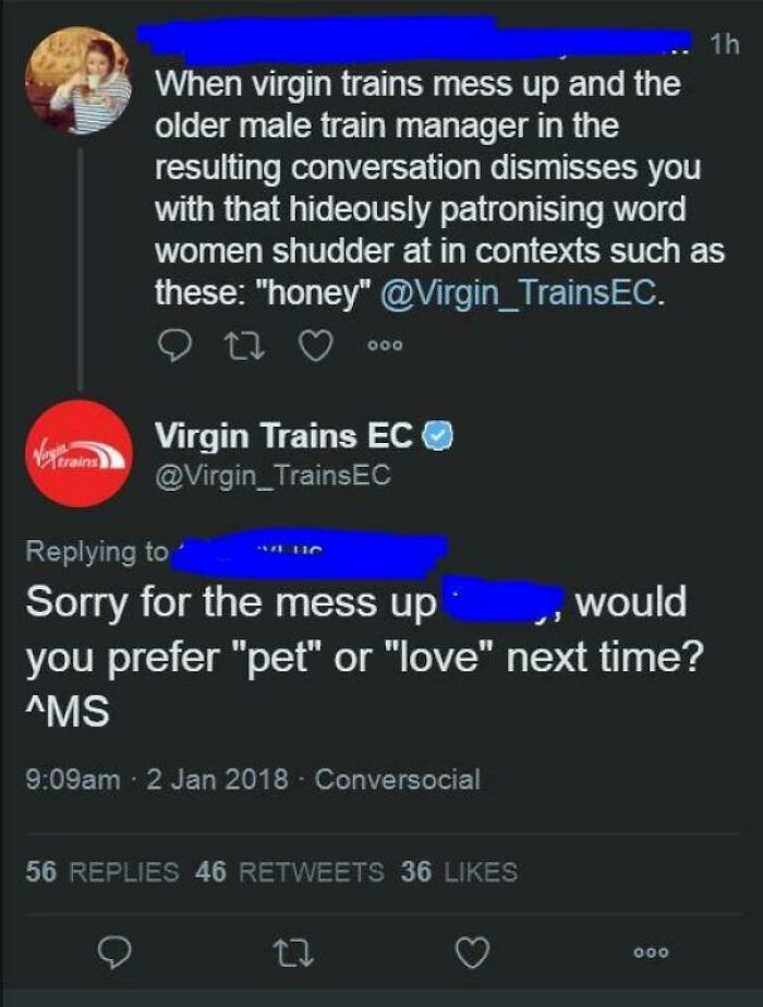 Social media fail by Virgin Trains with a patronizing reply to a customer complaint causing backlash online.