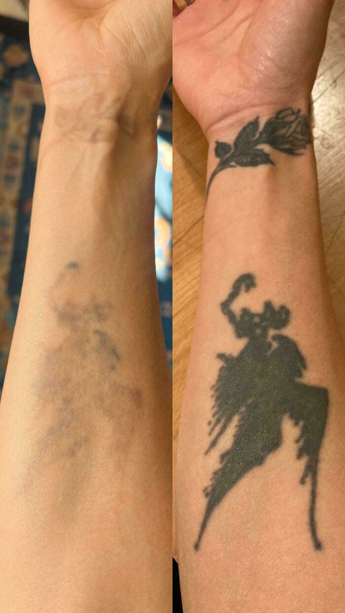 Faded tattoo on wrist transformed into a detailed black ink design showing tattoo mistakes aren’t permanent anymore.