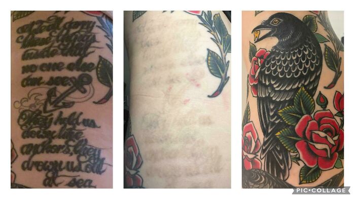 Before and after photos showing tattoo mistakes removed and covered with new colorful tattoo designs on the arm.