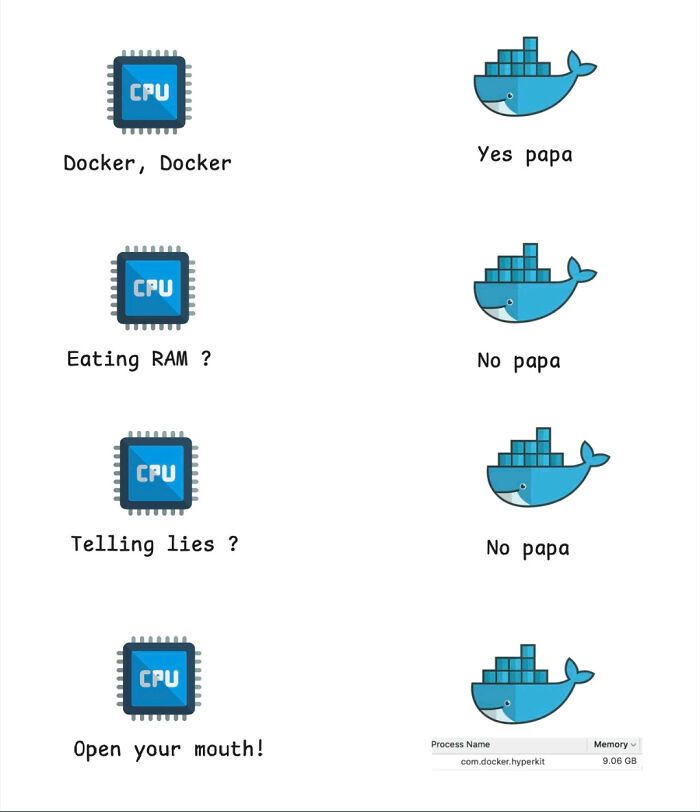Cartoon CPU and Docker whale humor meme about memory usage, illustrating programming and computer science concepts.