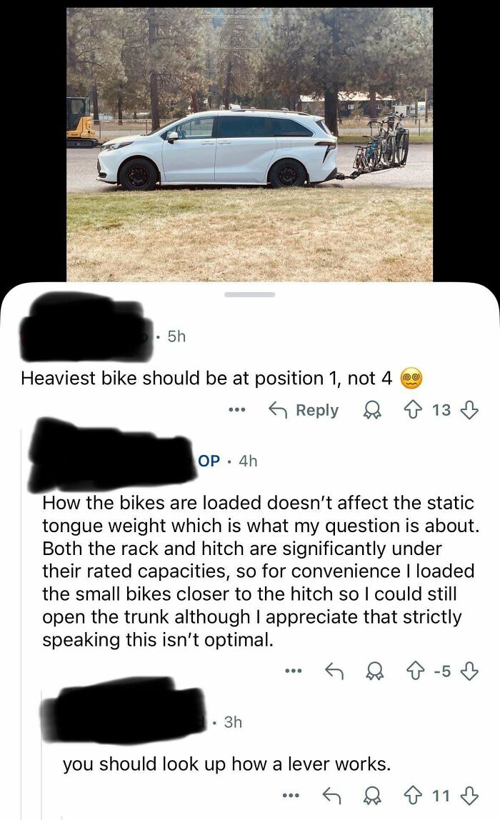 Commenters debating bike placement on a car rack, illustrating confident incorrect roasting in online discussions.