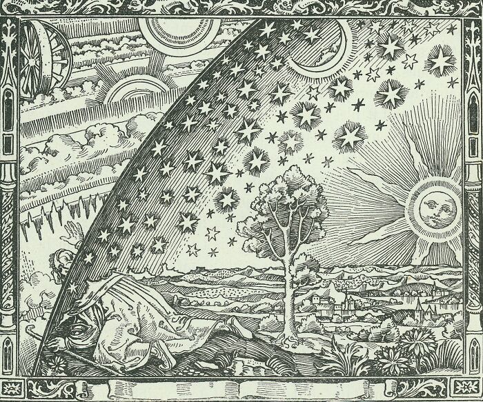 Vintage woodcut showing a man peeking beyond the sky, symbolizing false history facts and misconceptions.