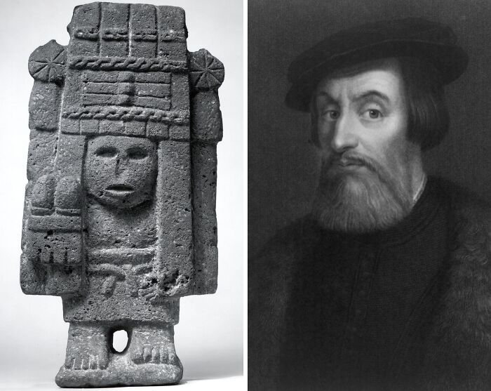 Ancient carved stone figure and historical portrait illustrating so-called facts about history that turned out false.