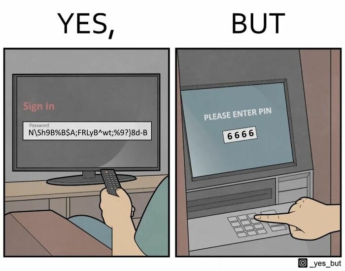 Yes, But comic by Anton Gudim showing complex password versus simple PIN code on screens in two panels