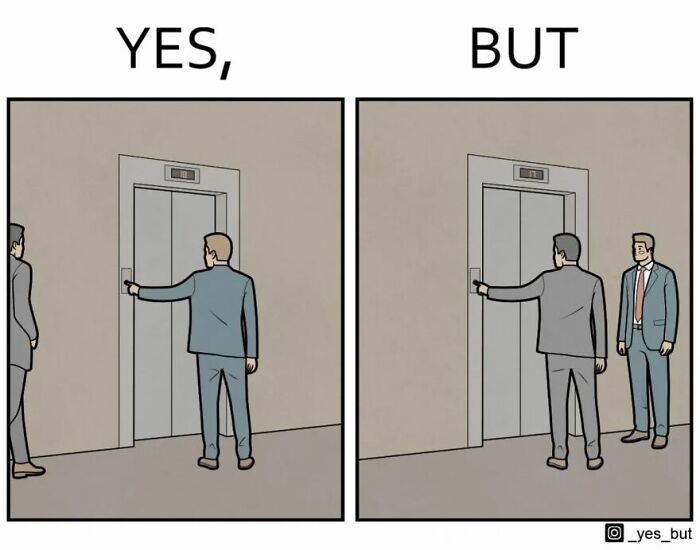 Yes but comic by Anton Gudim showing two men at an elevator in a simple yet effective illustration.