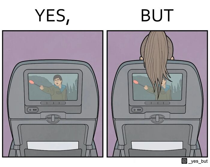 Comic panel showing a plane seat screen with a movie, illustrating a Yes, But comic by Anton Gudim.