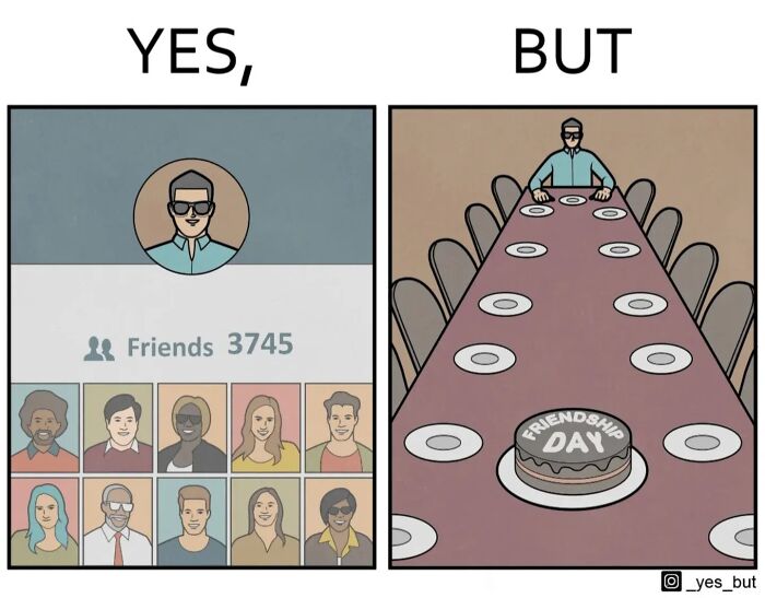 Yes But comic by Anton Gudim showing a social media profile with many friends and a lonely Friendship Day table.