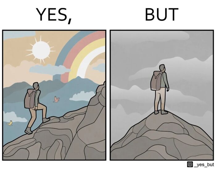 Hiker climbing colorful mountain under sun and rainbow contrasted with gray gloomy mountain in Yes But comics by Anton Gudim.