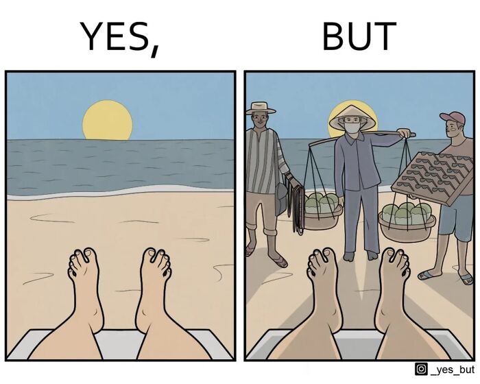 Yes, but comic by Anton Gudim showing feet at the beach with a sunset contrasted by vendors approaching.