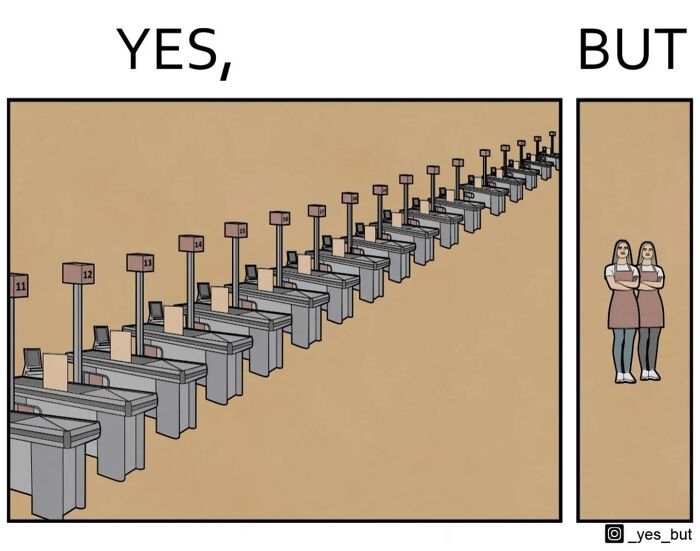Yes but comic by Anton Gudim showing a long line of checkout counters on one side and two women standing on the other.