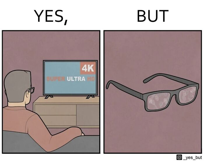 Yes but comic by Anton Gudim showing a man watching 4K TV contrasted with glasses blocking the view.