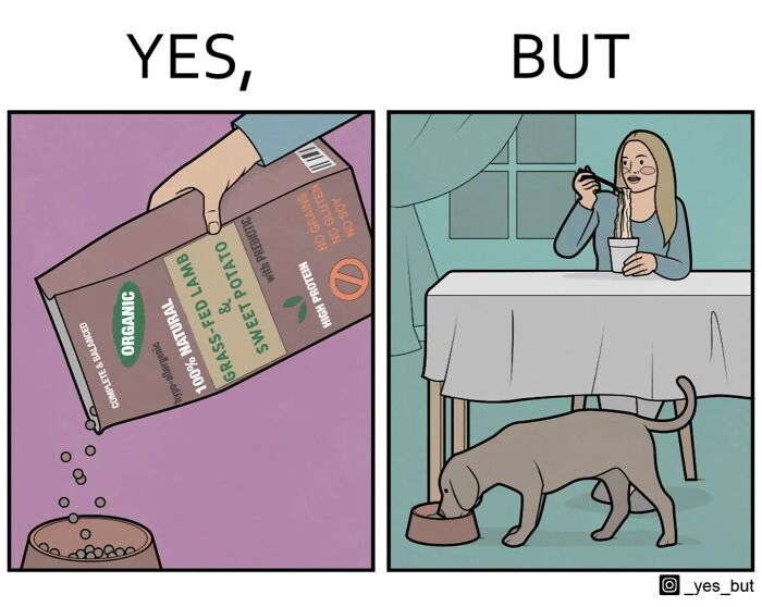 Yes but comic by Anton Gudim showing organic dog food being served and a woman eating noodles while dog eats from bowl.