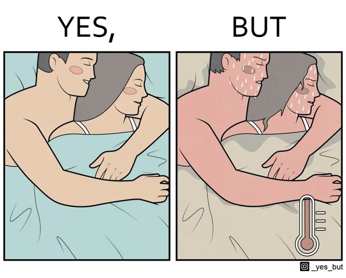Yes, but comic by Anton Gudim showing a couple in bed illustrating different temperature feelings in a simple style.