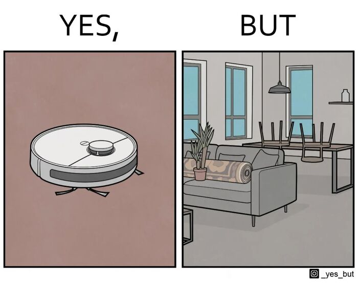 Yes, But comic by Anton Gudim showing a robot vacuum cleaner and a messy living room scene.