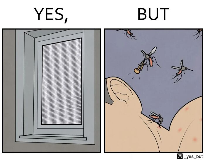 Window with a closed screen on the left and mosquitoes biting a person's neck on the right in Yes But comics by Anton Gudim.
