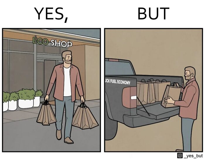 Man carrying paper bags from eco shop but loading them into a truck, simple yet effective yes but comics by Anton Gudim.