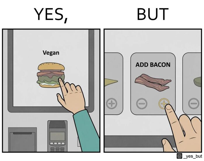 Hand selecting vegan burger then adding bacon on a touchscreen in a simple yet effective yes but comic by Anton Gudim.