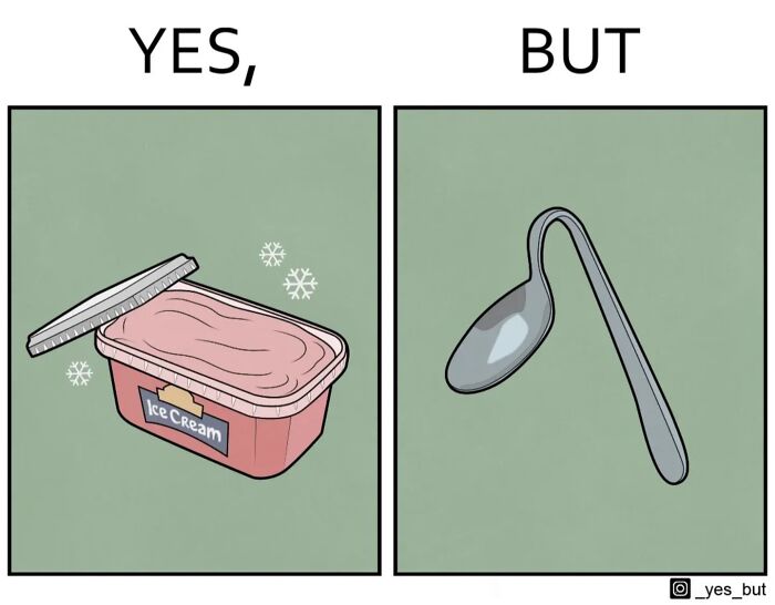 Open ice cream container with snowflakes on one side and a bent spoon on the other in a Yes But comic by Anton Gudim.