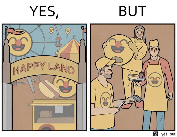 Yes, But comic by Anton Gudim showing a contrast between cheerful amusement park and serious workers in matching outfits.