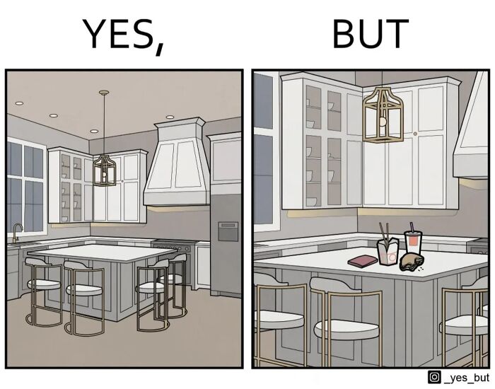 Minimalist kitchen comic by Anton Gudim showing an empty clean space versus cluttered with food and drinks on the counter.