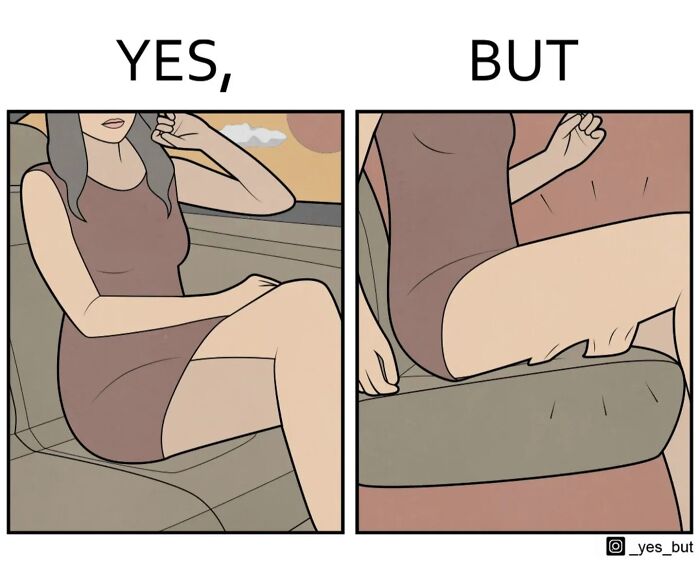 Woman sitting in a car wearing a brown dress with visible skin folds in a comic from Yes But series by Anton Gudim.