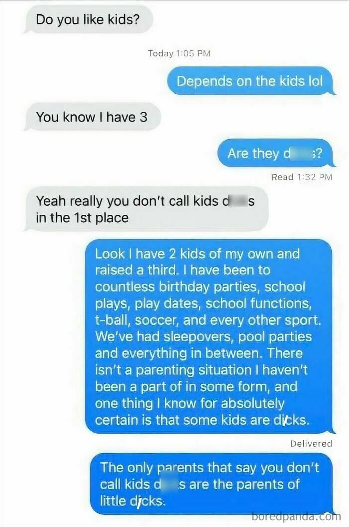 Text message exchange humorously discussing parenting experiences and opinions about kids, reflecting relatable funny memes.