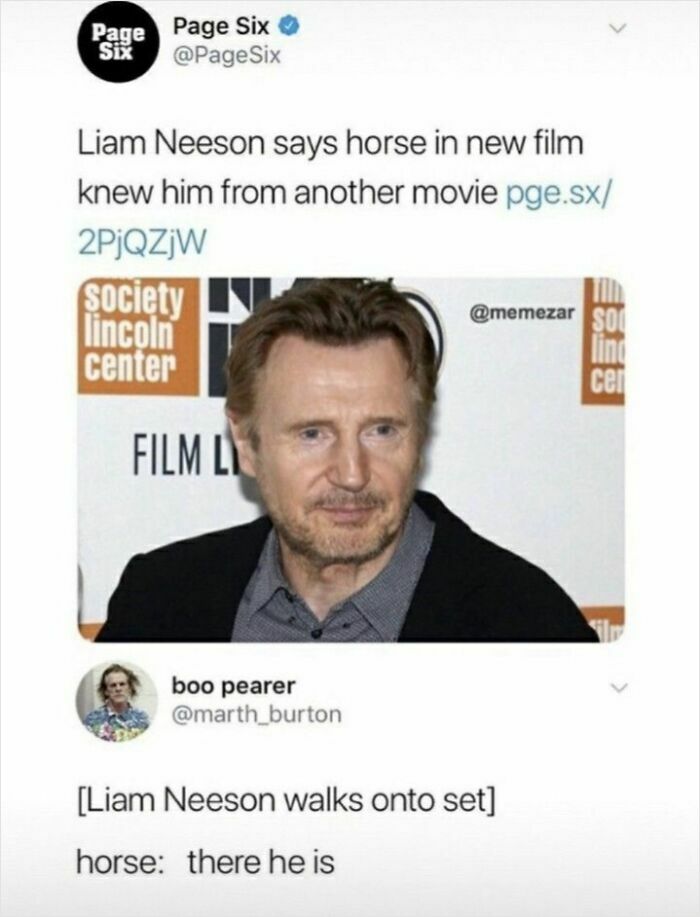 Meme featuring Liam Neeson and a humorous tweet shared on social culture to fight boredom with entertaining posts.