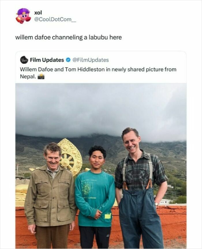 Three men posing outdoors against a mountainous backdrop, shared in a super culture entertaining posts meme.
