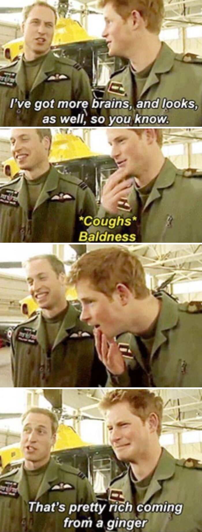 Two men in military uniforms share a humorous meme about looks and baldness in super culture entertaining posts.