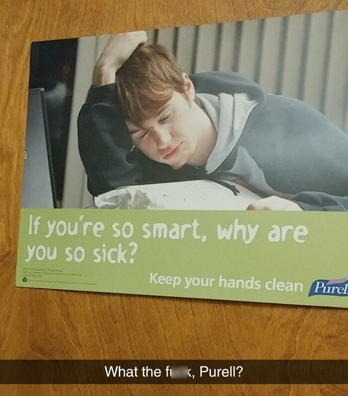 Poster of a sick young man with a confusing Purell ad, an example of companies that failed miserably on social media.