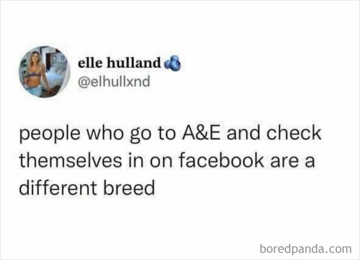 Viral meme text about people checking in on Facebook from A&E, shared on a popular random and viral memes page.