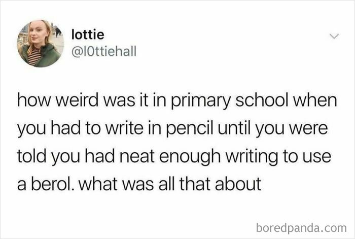 Screenshot of a viral meme questioning the rule of writing in pencil until handwriting was neat on a chaotic memes page.