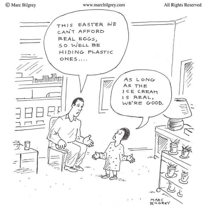 Marc Bilgrey cartoon shows everyday irony with a father and child discussing hiding plastic eggs and real ice cream.