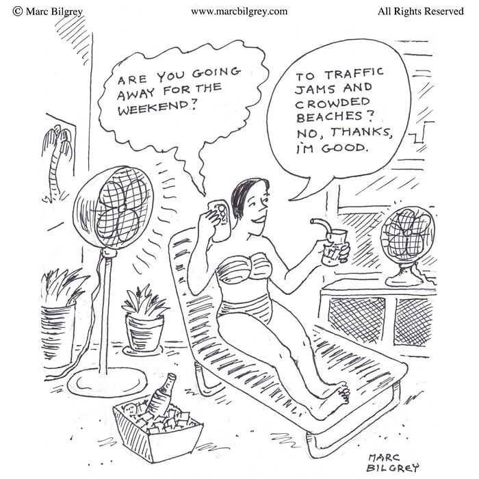 Woman relaxing with drink and fan indoors, showcasing Marc Bilgrey’s everyday irony in a single-panel comic.