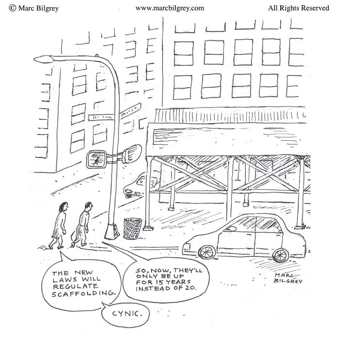 Black and white cartoon illustrating everyday irony about new laws regulating scaffolding, by Marc Bilgrey.