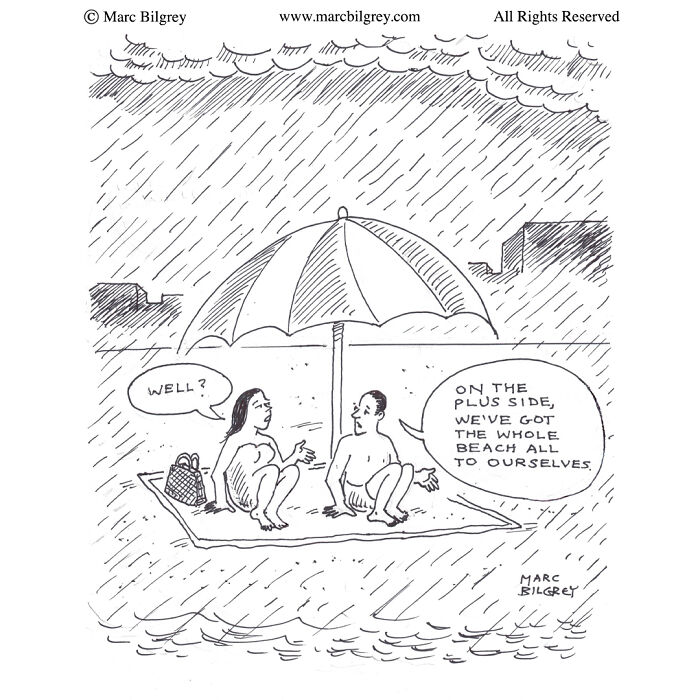 Two people sit under an umbrella in heavy rain at the beach, showcasing Marc Bilgrey’s everyday irony in a single panel.