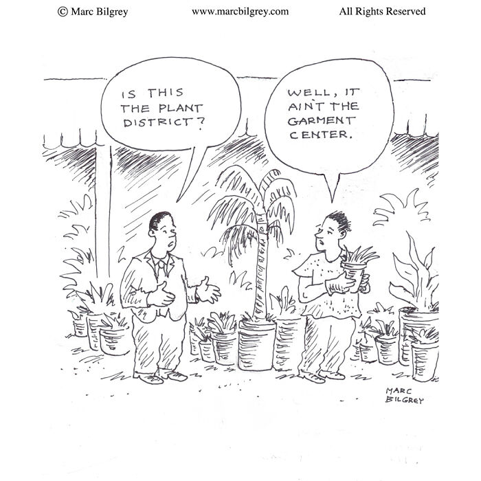 Two men in a plant shop having a humorous exchange, showcasing Marc Bilgrey’s everyday irony in a single frame.