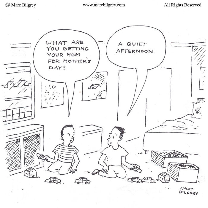 Black and white one-panel cartoon by Marc Bilgrey showing two kids playing with toy cars and houses, capturing everyday irony.