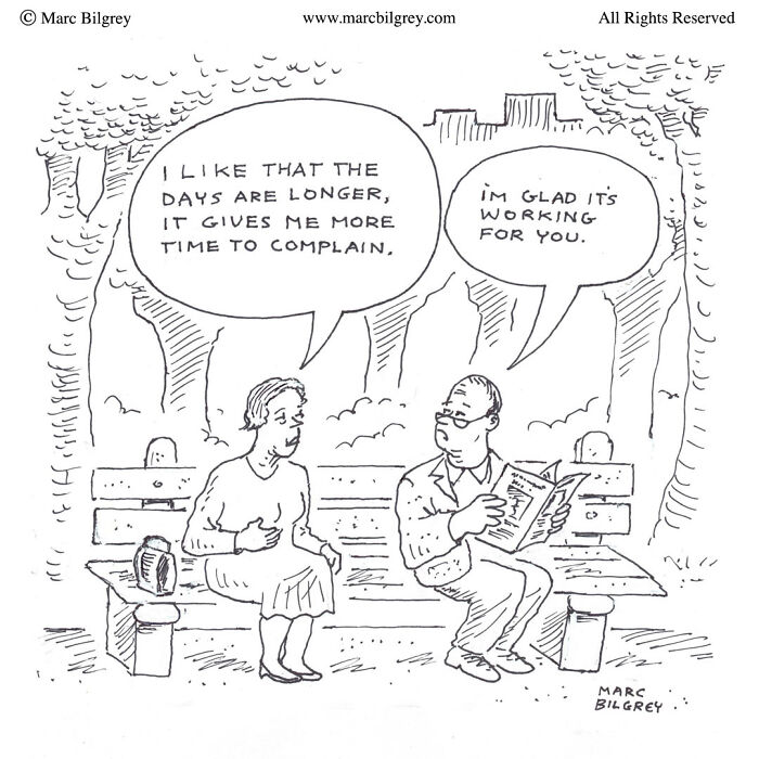 Two people on a park bench in a Marc Bilgrey cartoon showing everyday irony in a single frame.